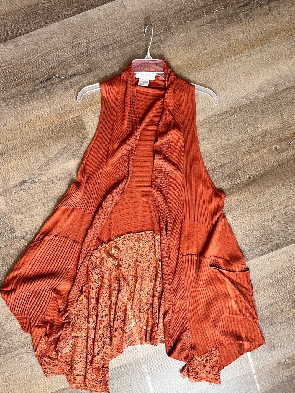 Women's Rust Orange Lace-Trim Sleeveless Cardigan Vest XL duster Grace & Lace